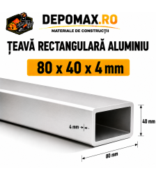 Teava rectangulara aluminiu 80 x 40 x 4 mm, 6 metri (EN AW-6060)